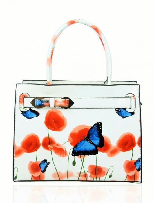 RJ150355-PB Patent Poppy & Butterfly Patterned Top-Handle Bag With Ribbon Belt Details