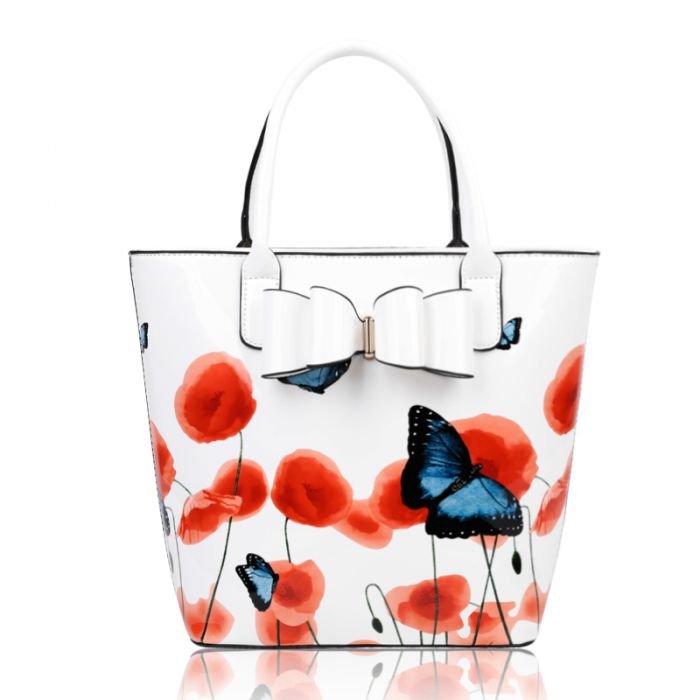 Rj180802-PB 2IN1 Poppy Flower & Butterfly Bucket Shaped Top-Handle Bag With Purse Set