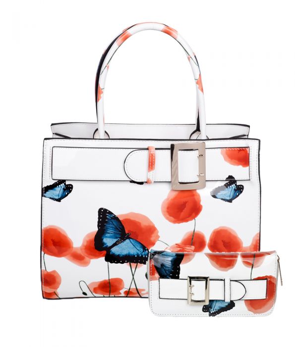 RJ180801-PB Patent Poppy Flower & Butterfly Print With Belt Detail Top-Handle Bag With Purse Set