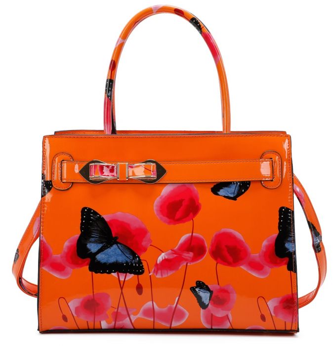 RJ150355-PB Patent Poppy & Butterfly Patterned Top-Handle Bag With Ribbon Belt Details