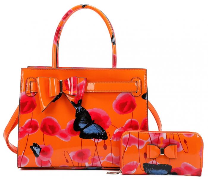 RJ211101 POPPY FLOWER & BUTTERFLY PATTERN PRINT BELT TOP HAND BAG WITH PURSE SET