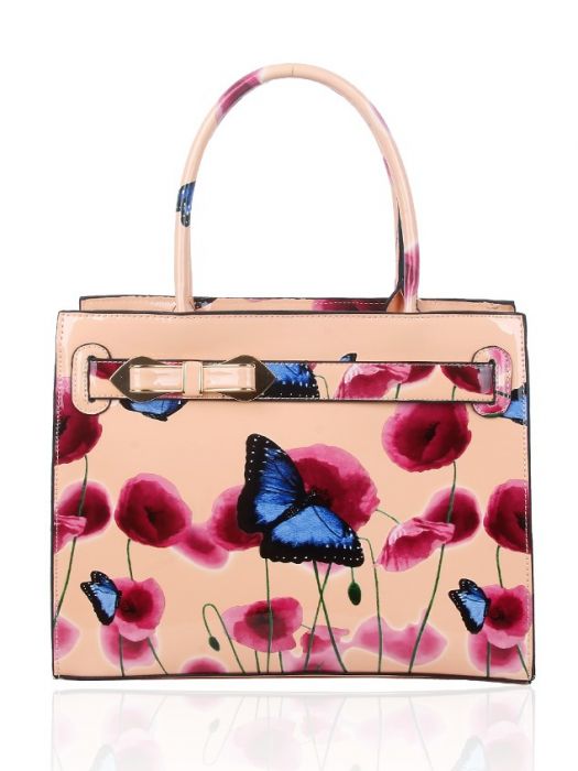 RJ150355-PB Patent Poppy & Butterfly Patterned Top-Handle Bag With Ribbon Belt Details