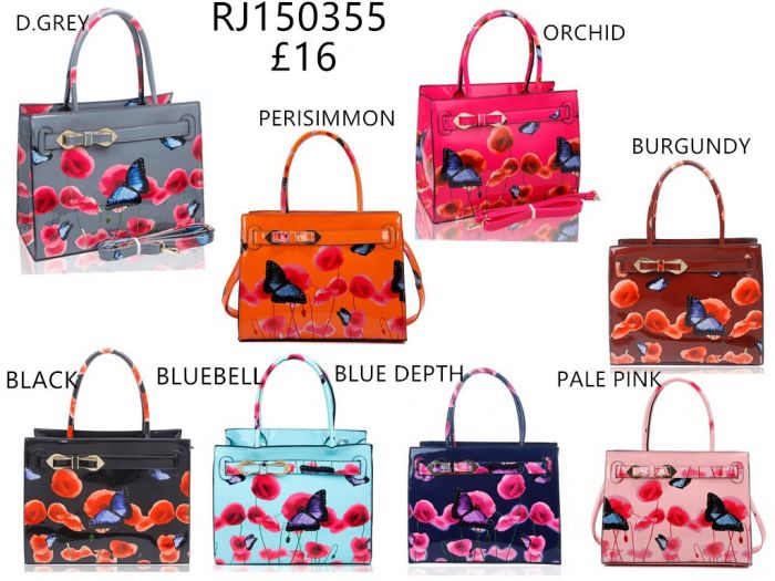 RJ150355-PB Patent Poppy & Butterfly Patterned Top-Handle Bag With Ribbon Belt Details