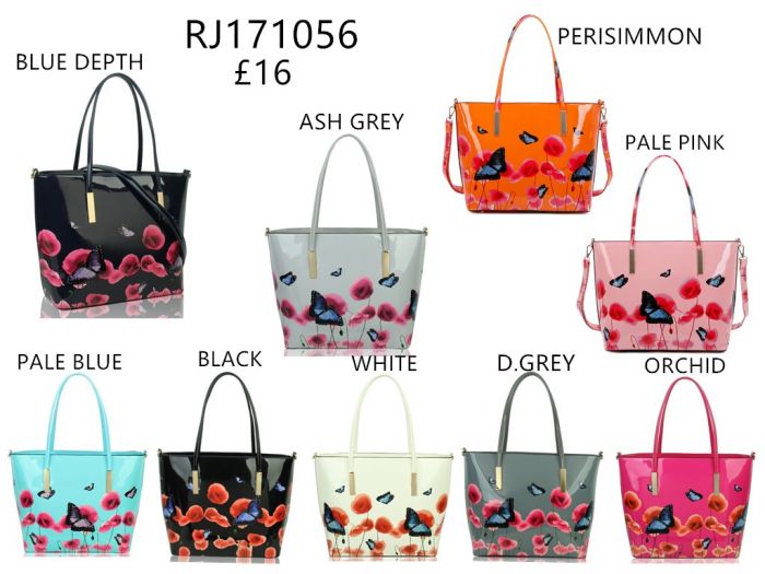 Rj171056 Patent Poppy Flower & Butterfly Patterned Tote Bag