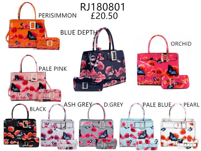 RJ180801-PB Patent Poppy Flower & Butterfly Print With Belt Detail Top-Handle Bag With Purse Set