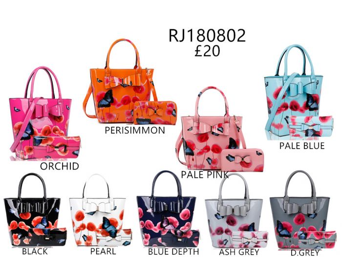 Rj180802-PB 2IN1 Poppy Flower & Butterfly Bucket Shaped Top-Handle Bag With Purse Set