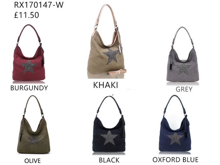 RX170147-W Canvas Tote Bag With Glitter Star Patterned