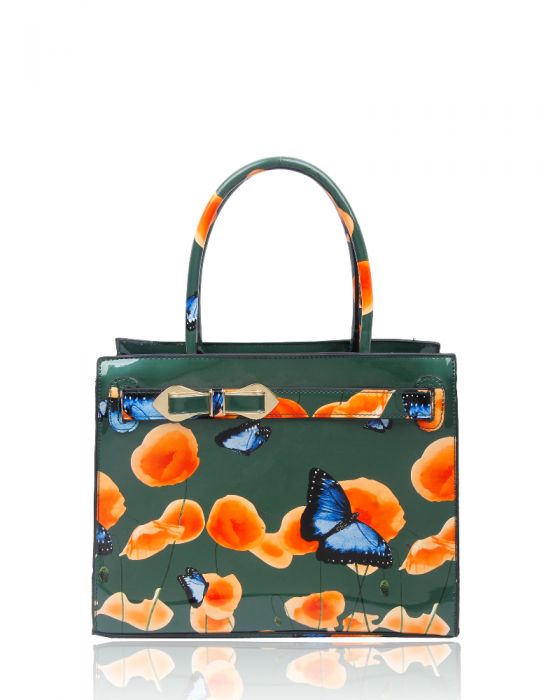 RJ150355-PB Patent Poppy & Butterfly Patterned Top-Handle Bag With Ribbon Belt Details