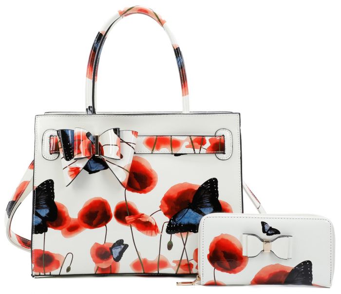 RJ211101 POPPY FLOWER & BUTTERFLY PATTERN PRINT BELT TOP HAND BAG WITH PURSE SET