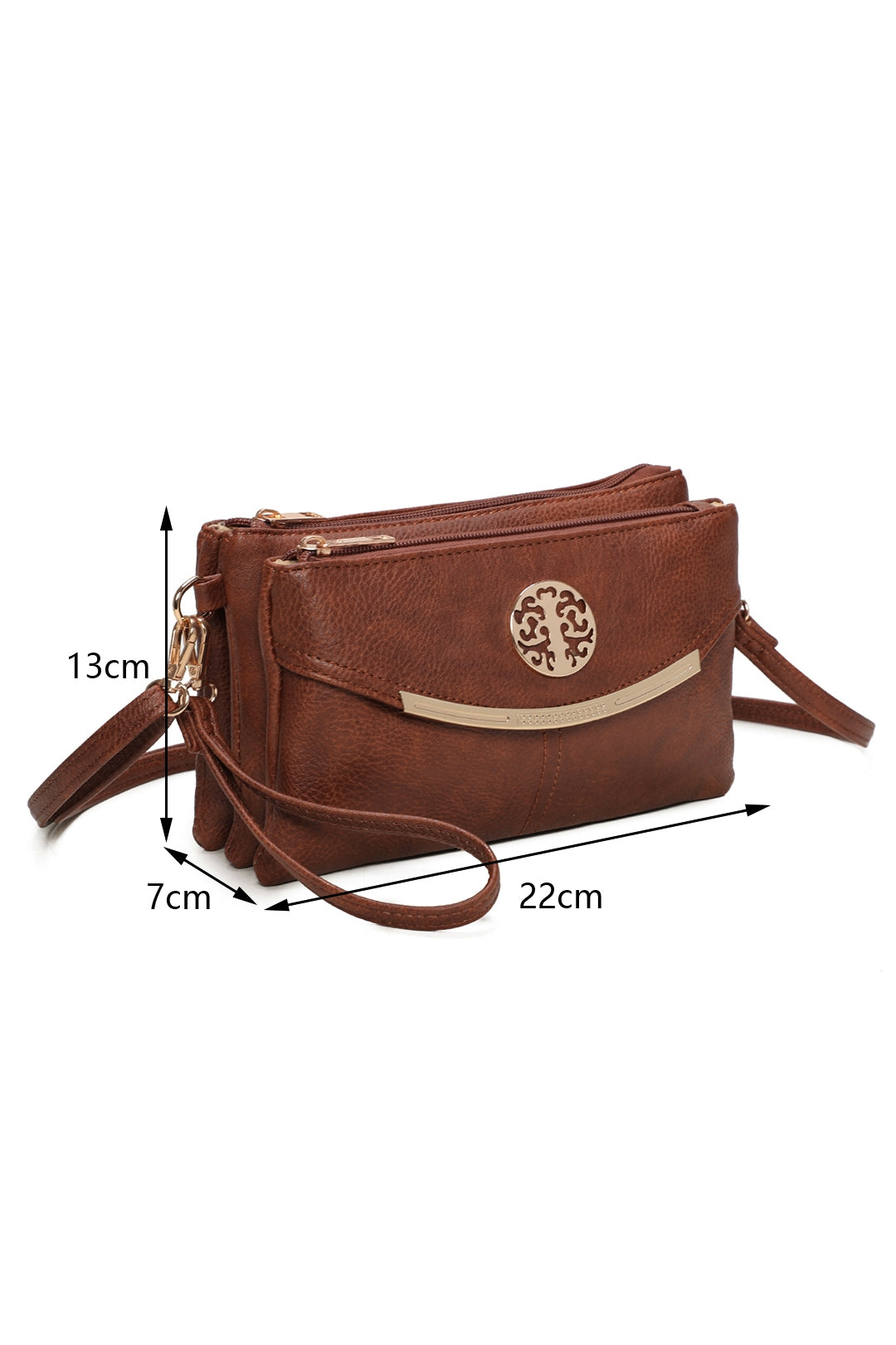RB15111  Multi Zip Compartments Clutch Bag With Metal Gold Badge