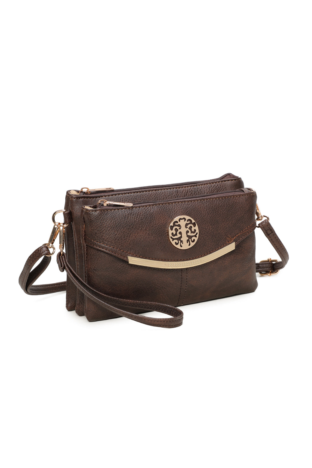 RB15111  Multi Zip Compartments Clutch Bag With Metal Gold Badge