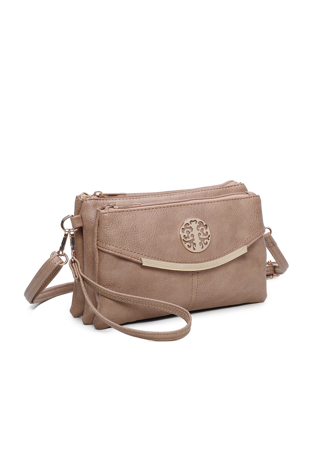 RB15111  Multi Zip Compartments Clutch Bag With Metal Gold Badge