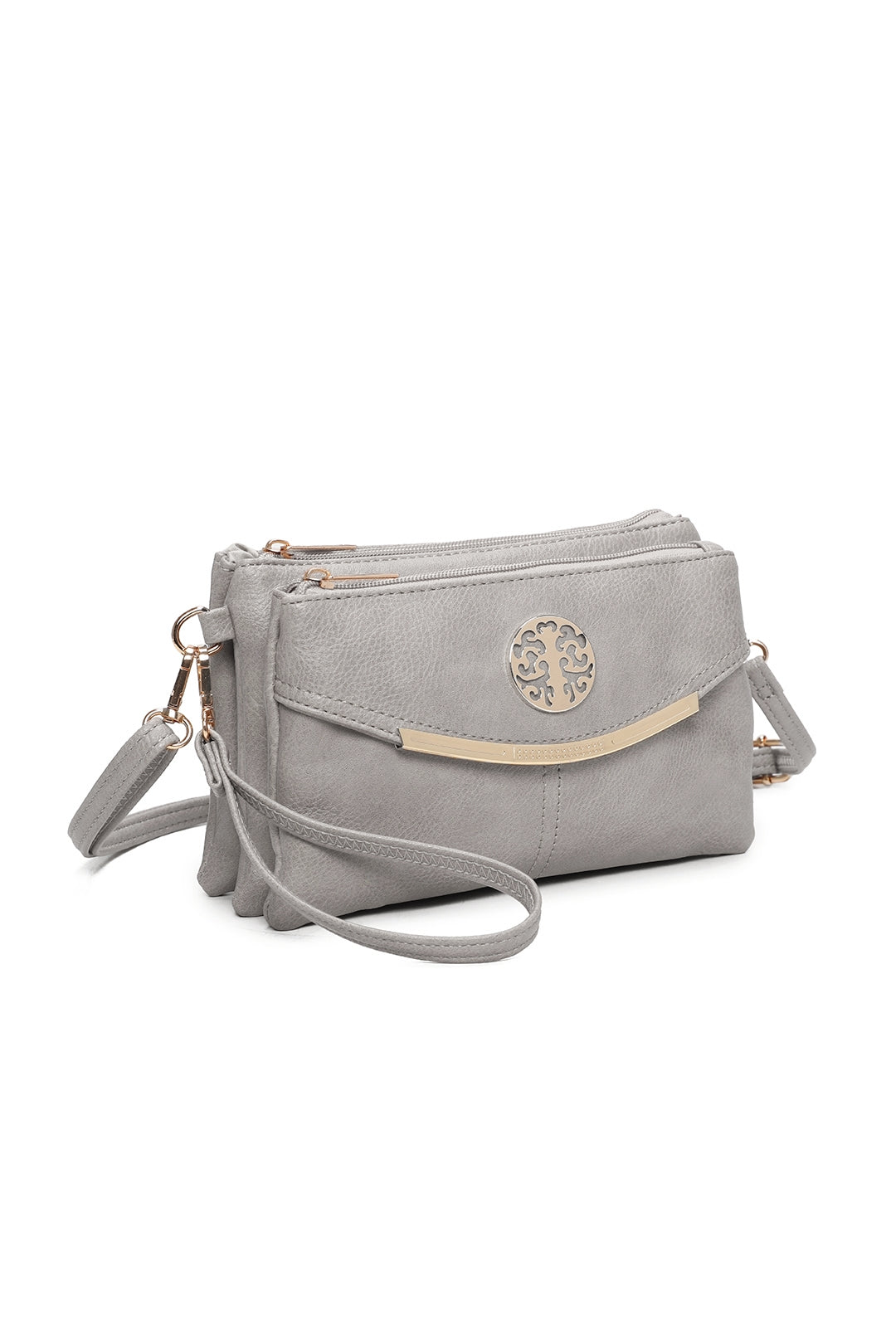 RB15111  Multi Zip Compartments Clutch Bag With Metal Gold Badge