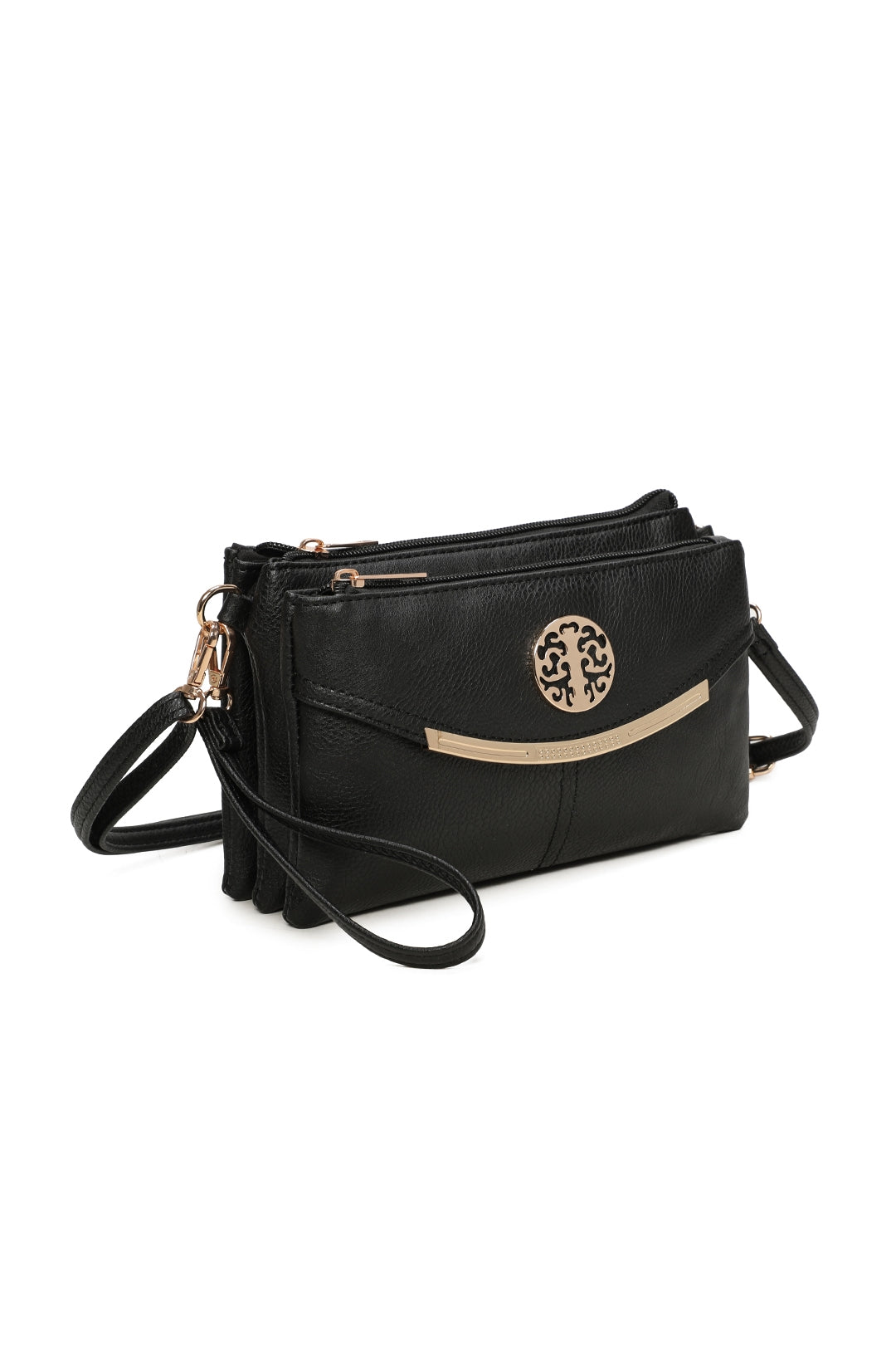 RB15111  Multi Zip Compartments Clutch Bag With Metal Gold Badge