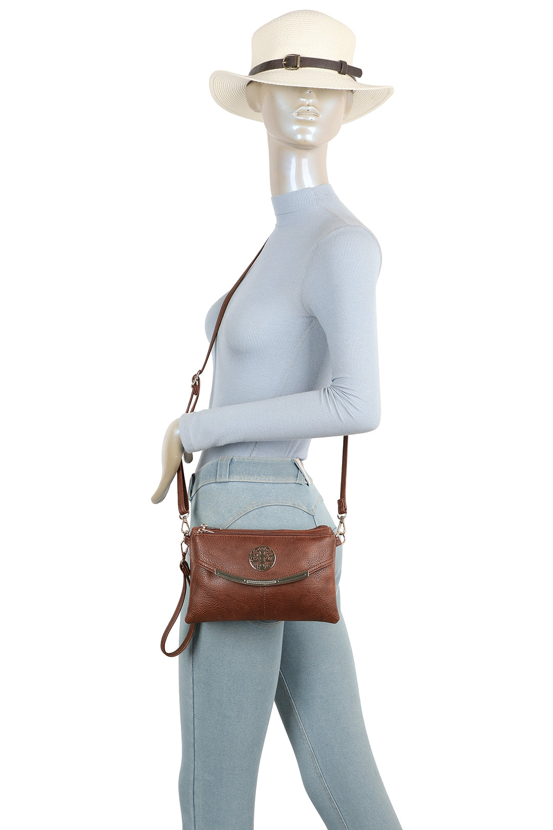 RB15111  Multi Zip Compartments Clutch Bag With Metal Gold Badge