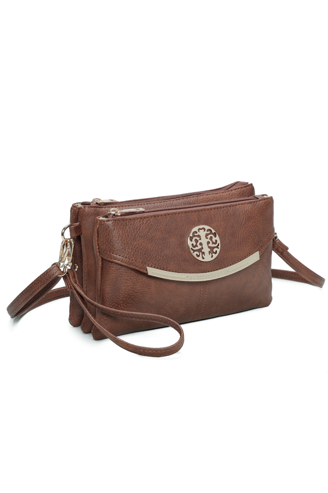 RB15111  Multi Zip Compartments Clutch Bag With Metal Gold Badge