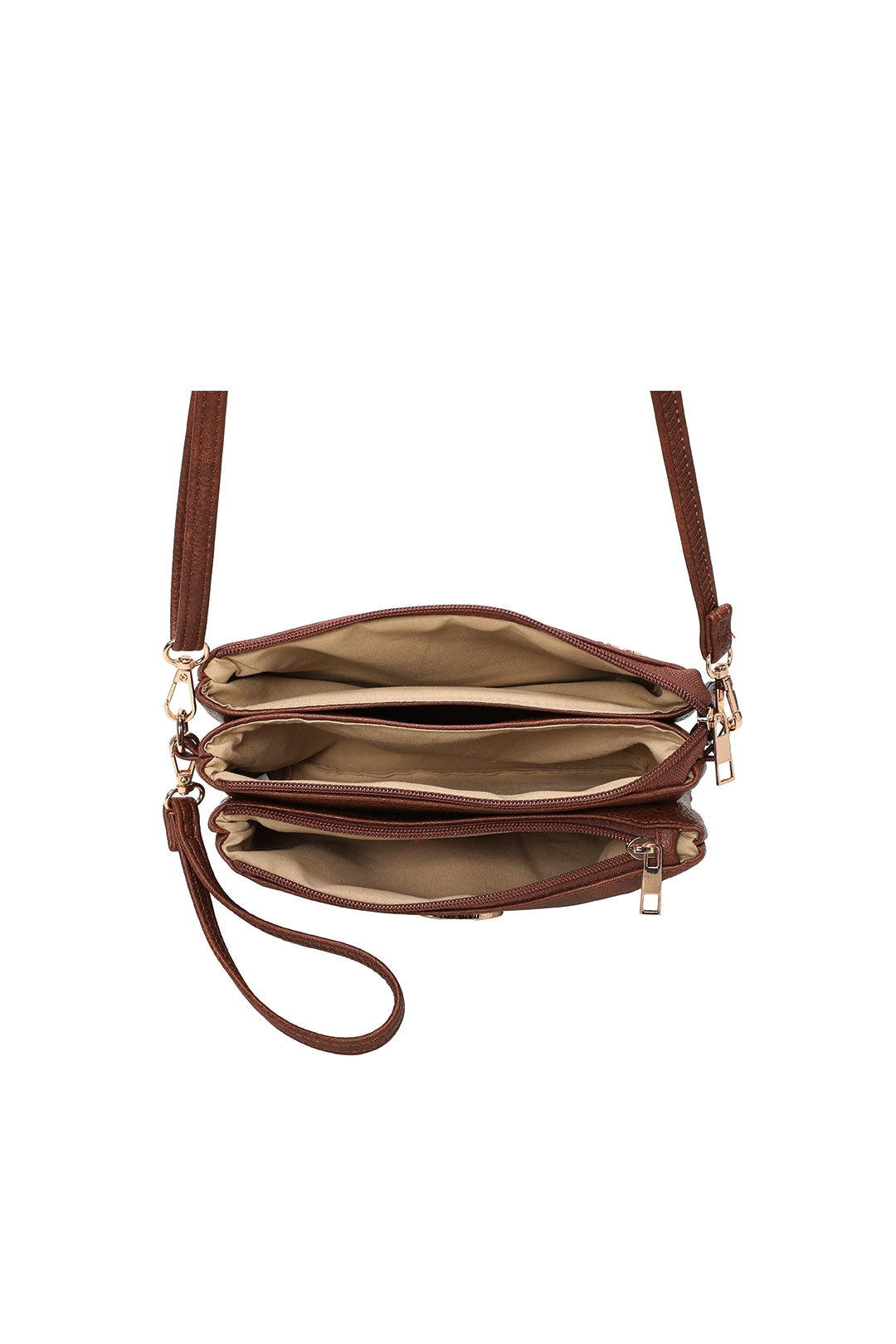 RB15111  Multi Zip Compartments Clutch Bag With Metal Gold Badge