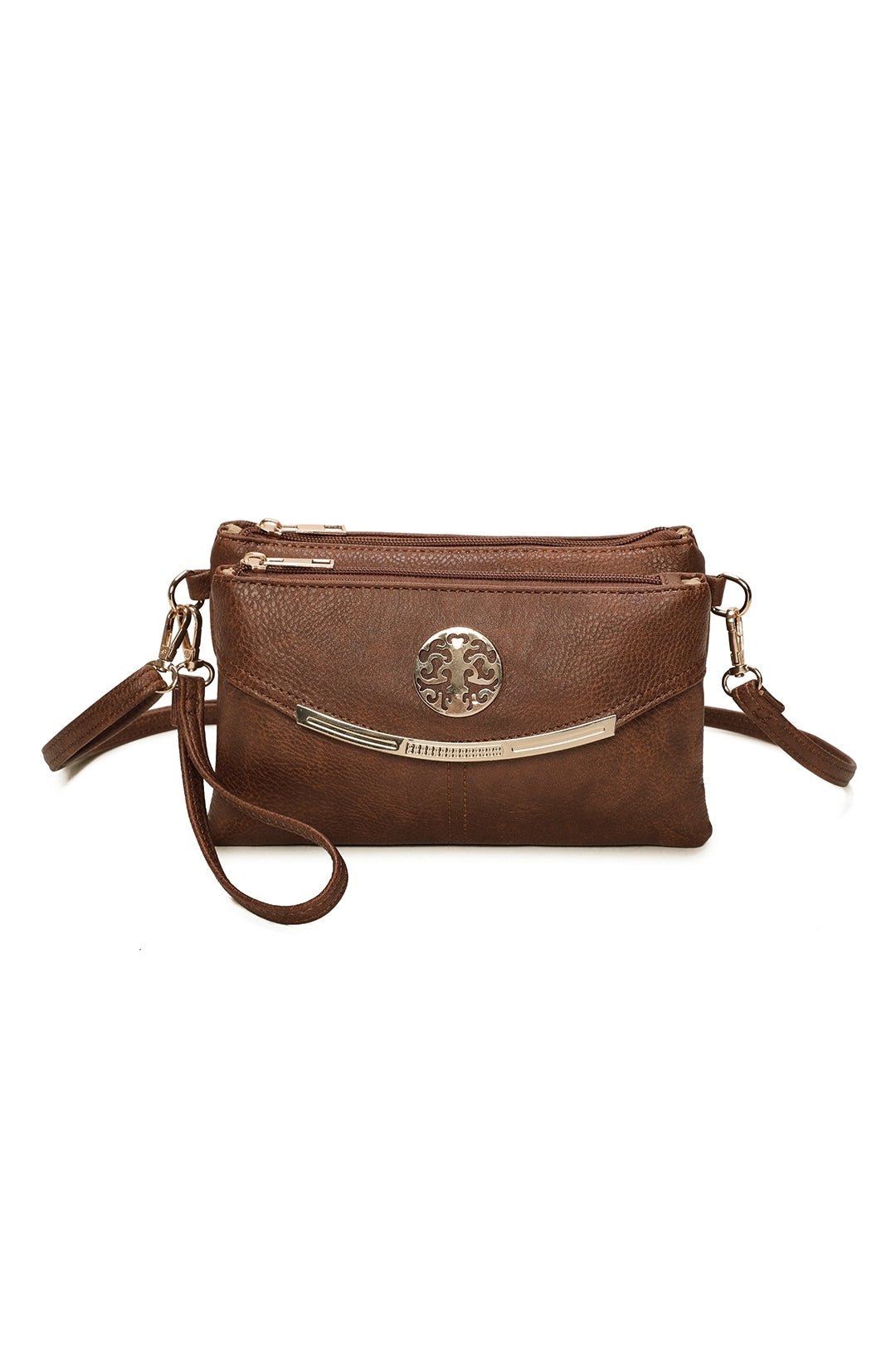 RB15111  Multi Zip Compartments Clutch Bag With Metal Gold Badge