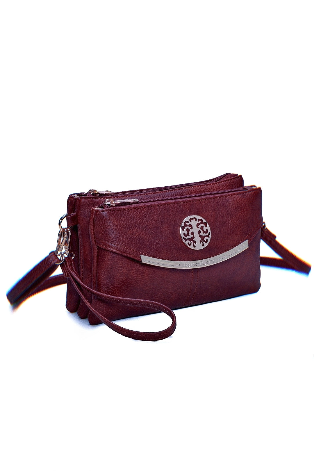 RB15111  Multi Zip Compartments Clutch Bag With Metal Gold Badge