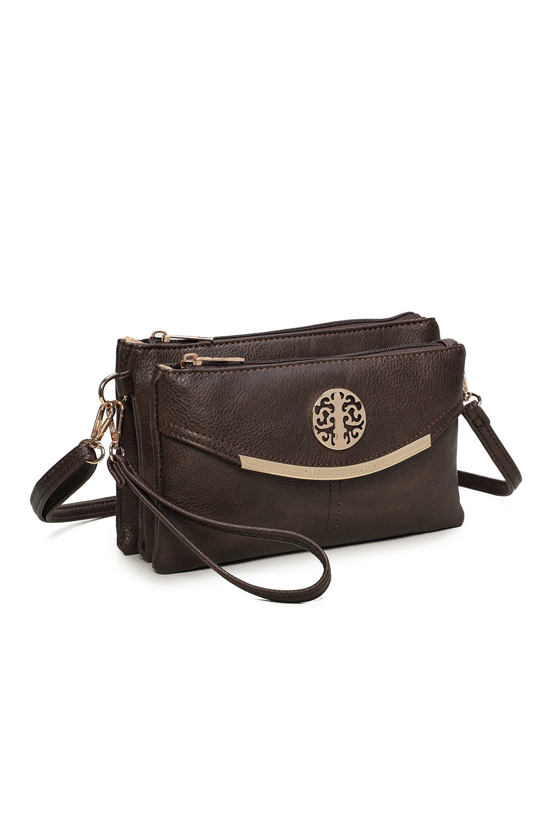 RB15111  Multi Zip Compartments Clutch Bag With Metal Gold Badge