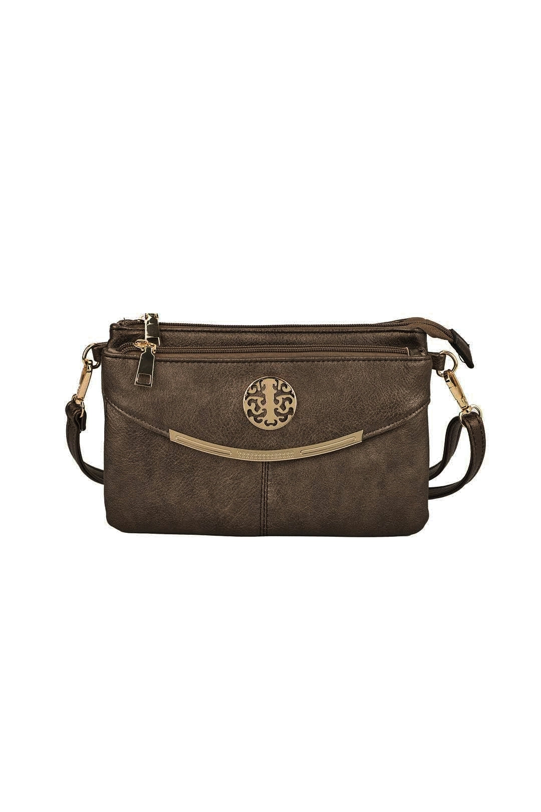 RB15111  Multi Zip Compartments Clutch Bag With Metal Gold Badge