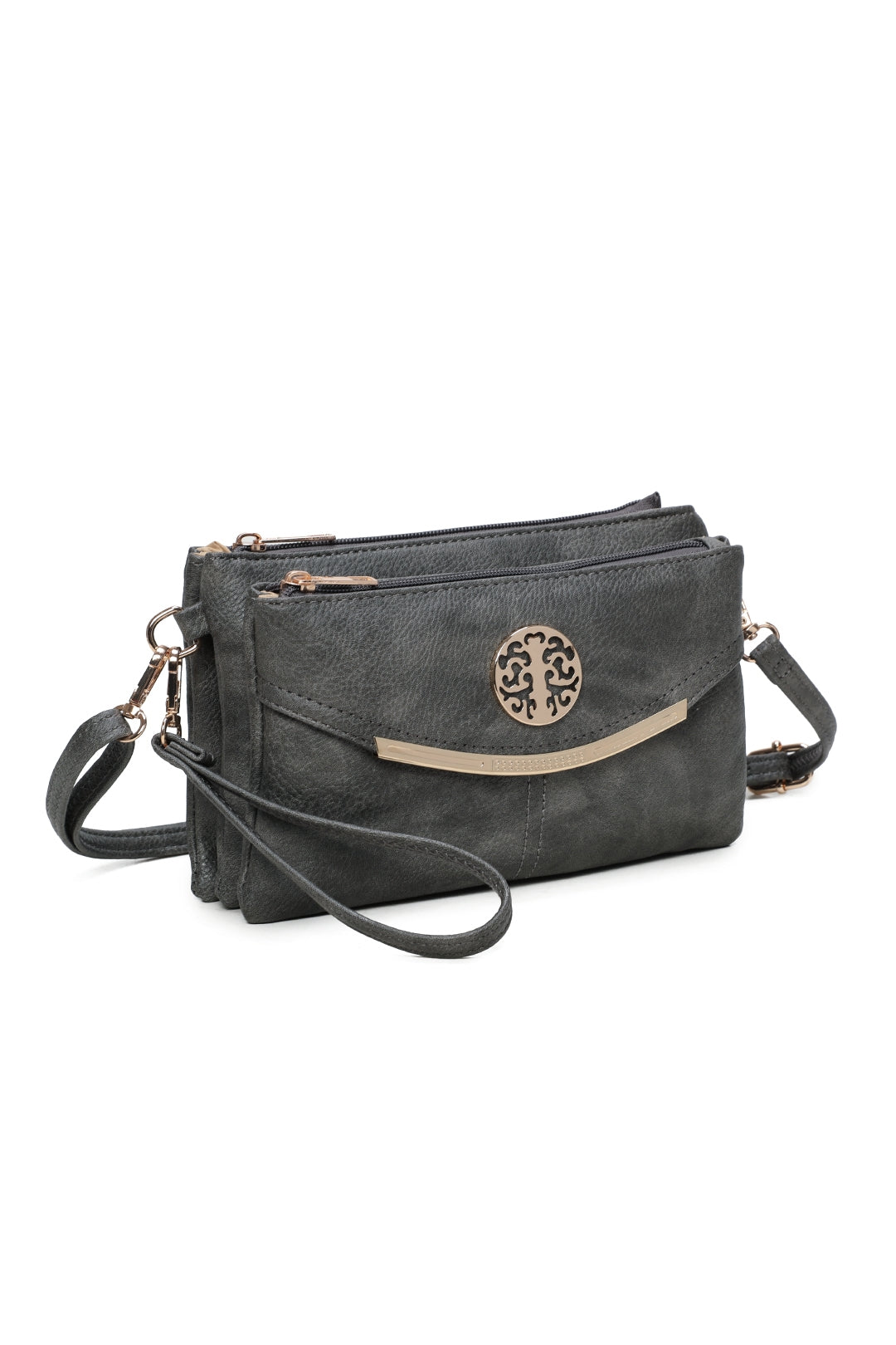 RB15111  Multi Zip Compartments Clutch Bag With Metal Gold Badge