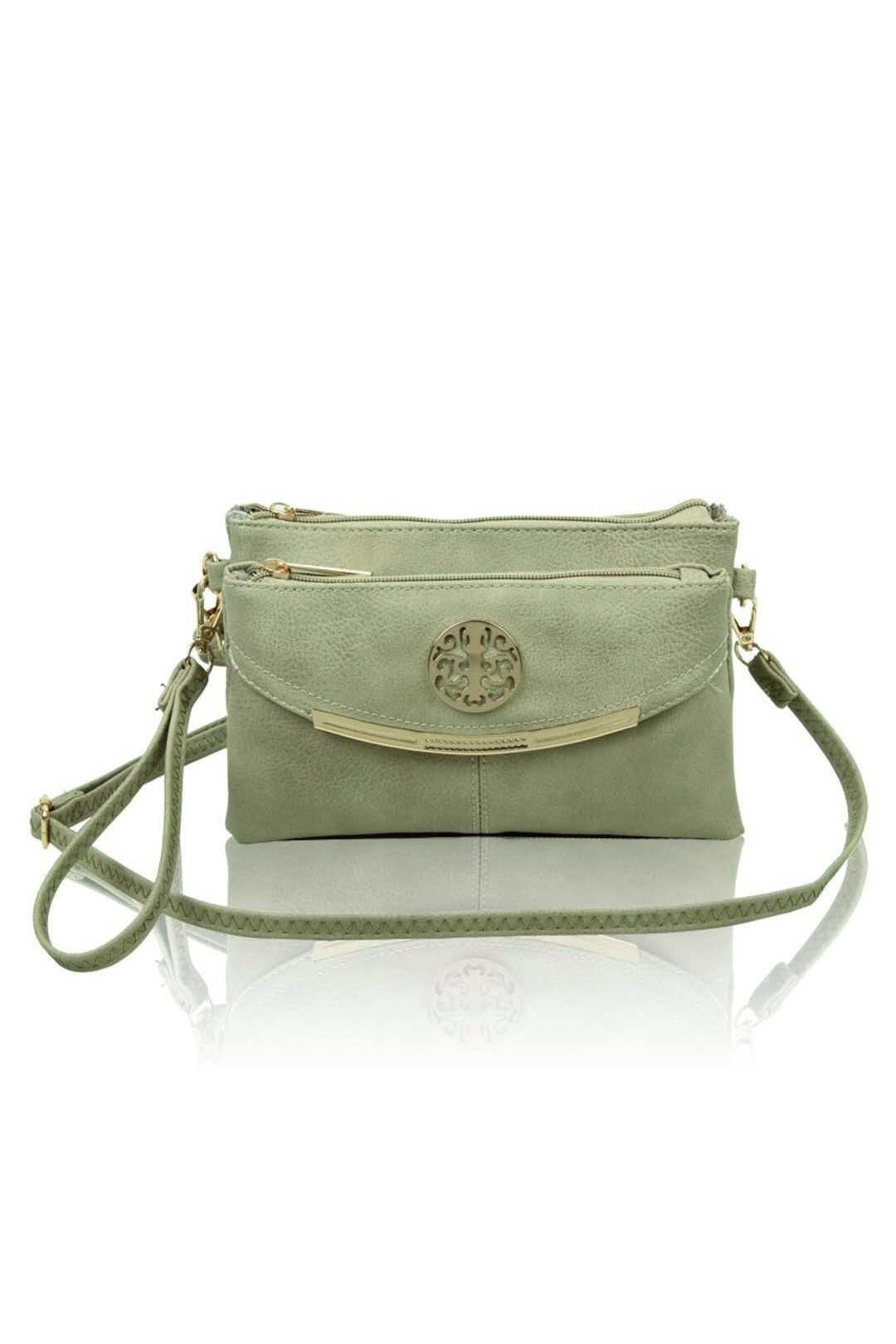 RB15111  Multi Zip Compartments Clutch Bag With Metal Gold Badge