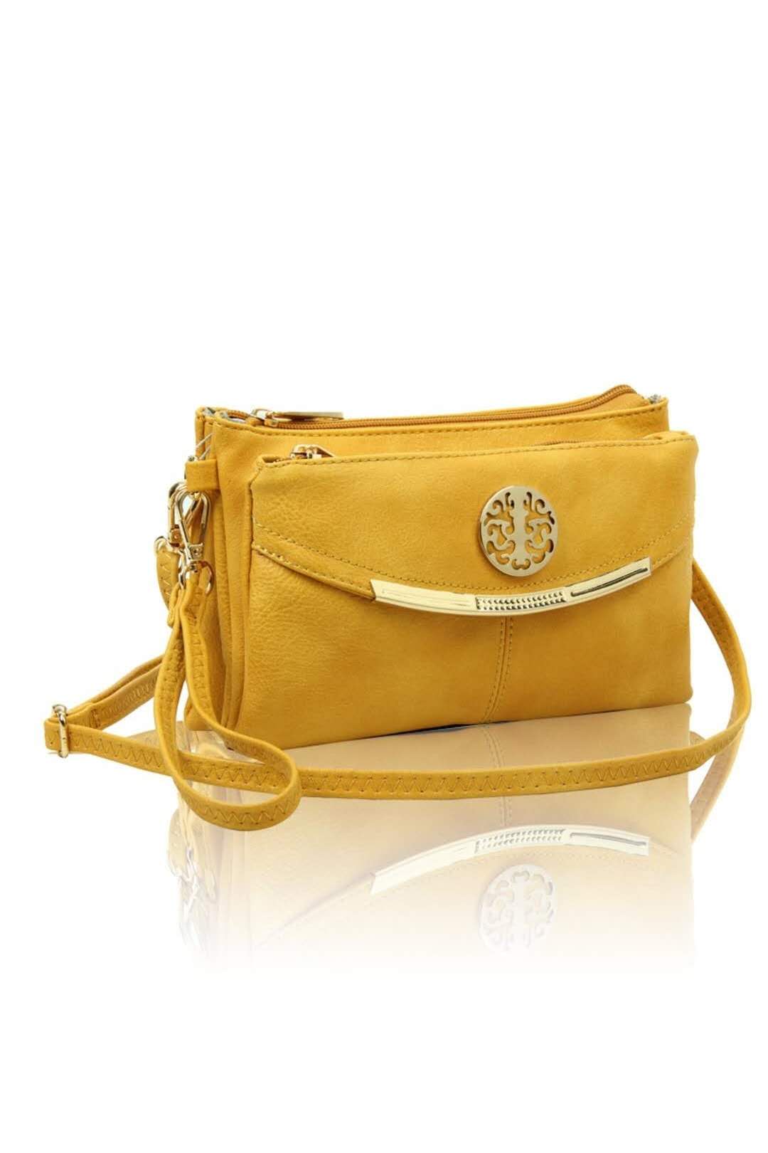 RB15111  Multi Zip Compartments Clutch Bag With Metal Gold Badge