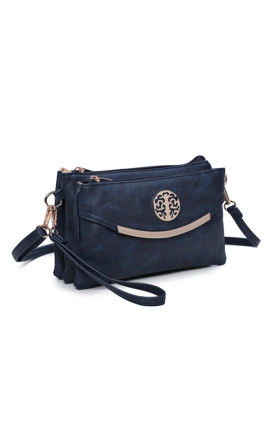 RB15111  Multi Zip Compartments Clutch Bag With Metal Gold Badge