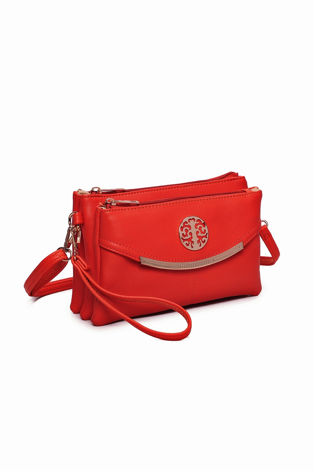 RB15111  Multi Zip Compartments Clutch Bag With Metal Gold Badge