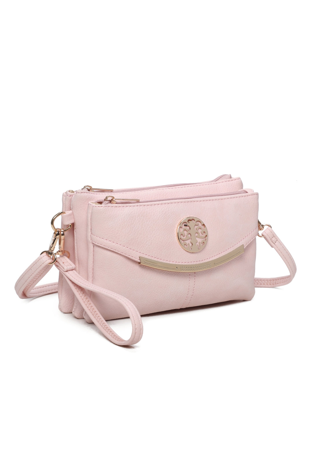 RB15111  Multi Zip Compartments Clutch Bag With Metal Gold Badge