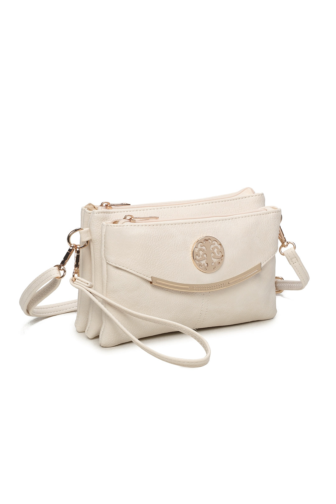 RB15111  Multi Zip Compartments Clutch Bag With Metal Gold Badge