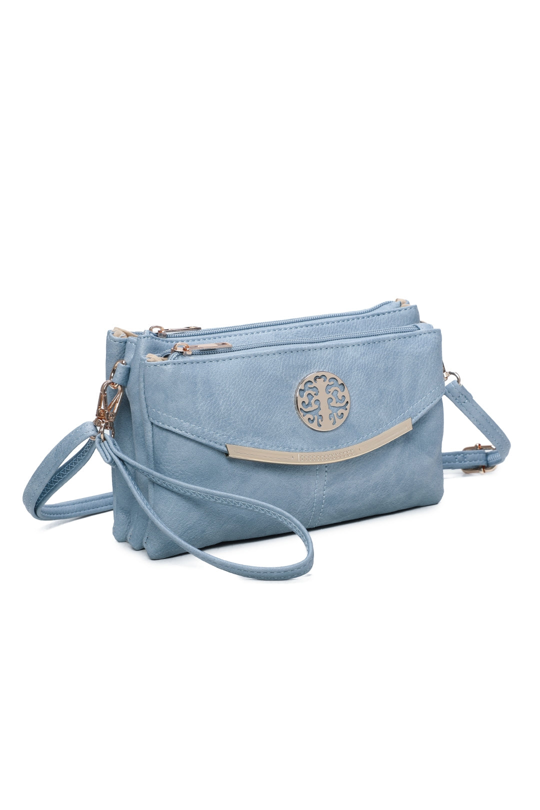 RB15111  Multi Zip Compartments Clutch Bag With Metal Gold Badge