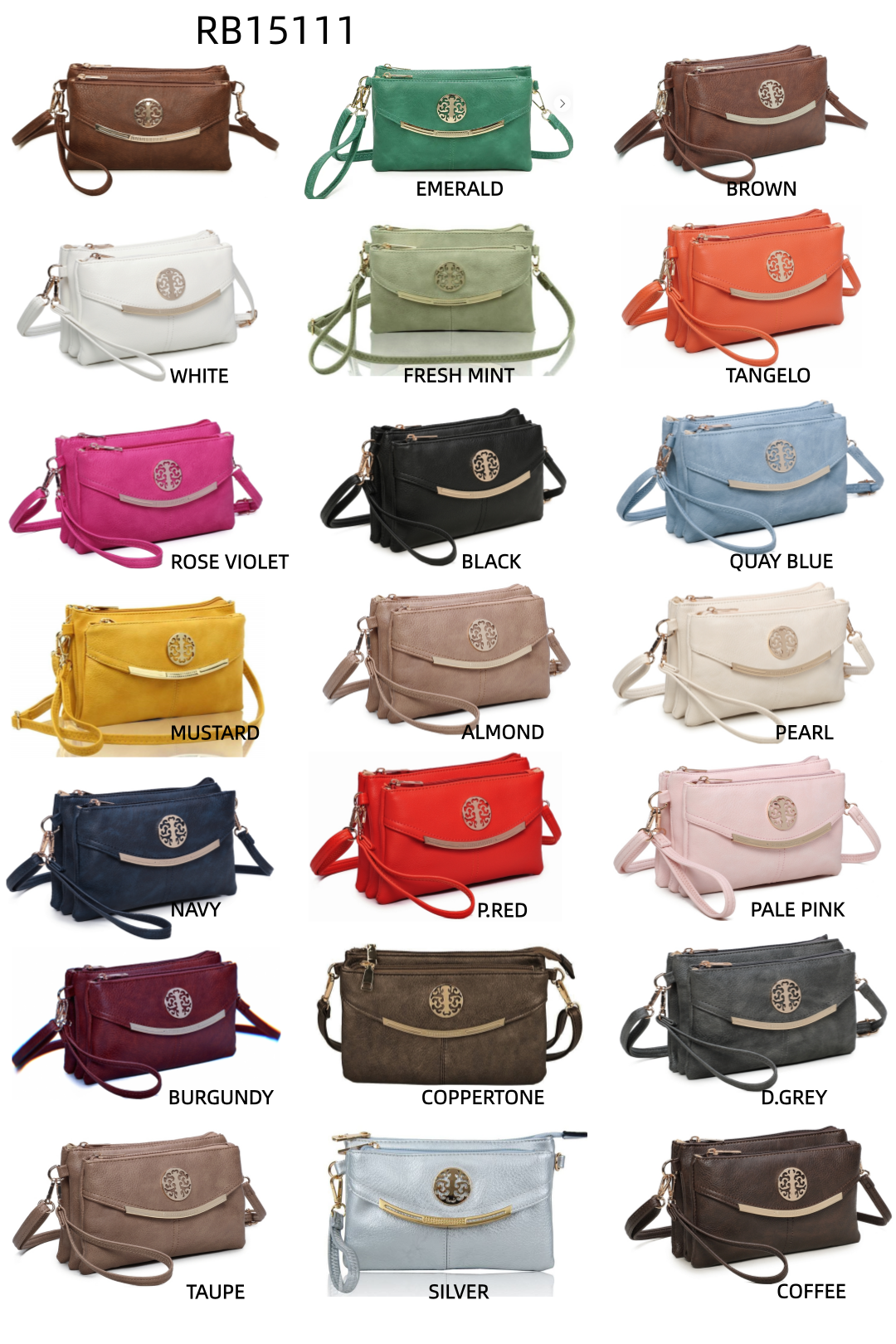 RB15111  Multi Zip Compartments Clutch Bag With Metal Gold Badge