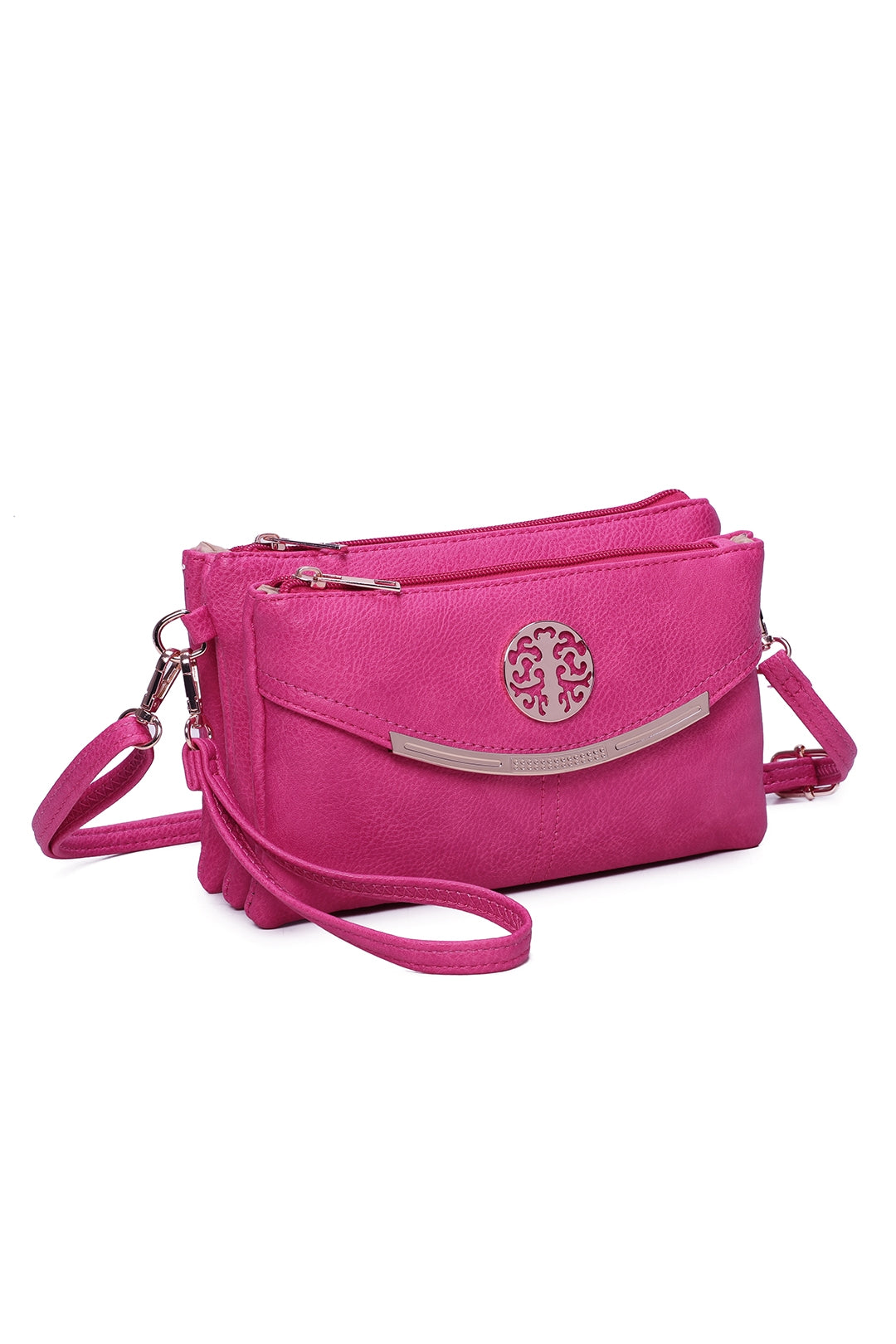 RB15111  Multi Zip Compartments Clutch Bag With Metal Gold Badge