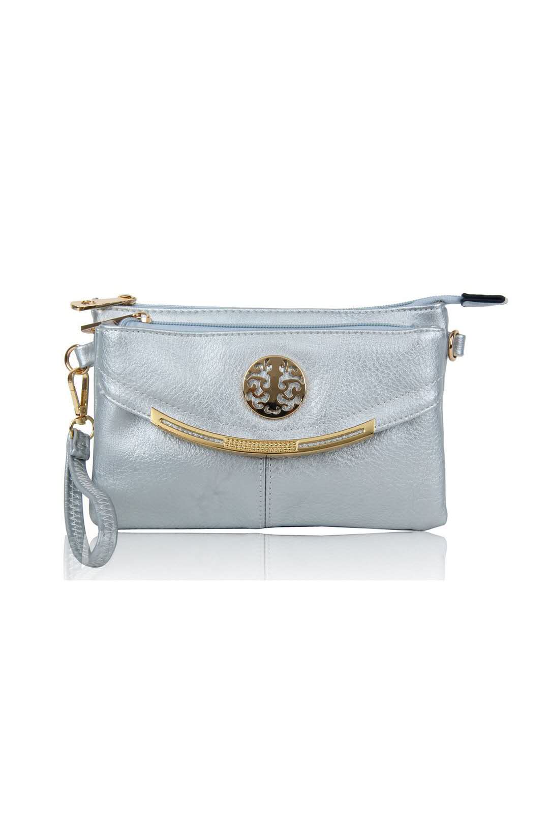 RB15111  Multi Zip Compartments Clutch Bag With Metal Gold Badge