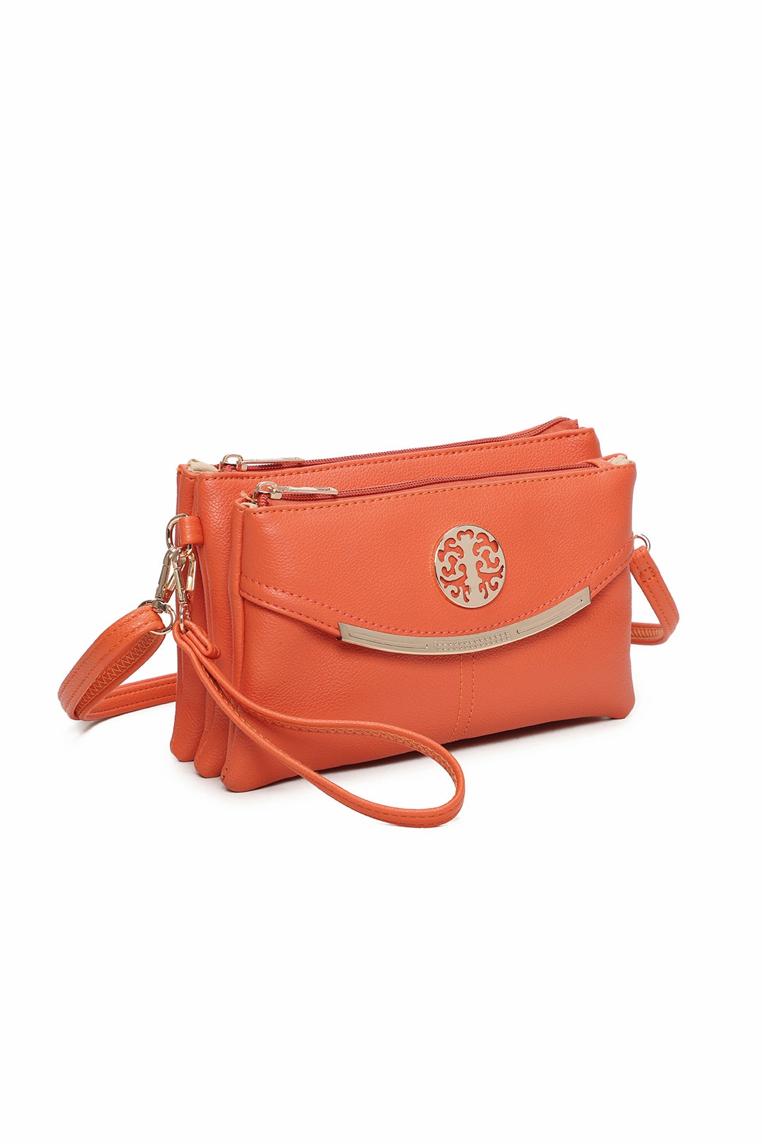 RB15111  Multi Zip Compartments Clutch Bag With Metal Gold Badge