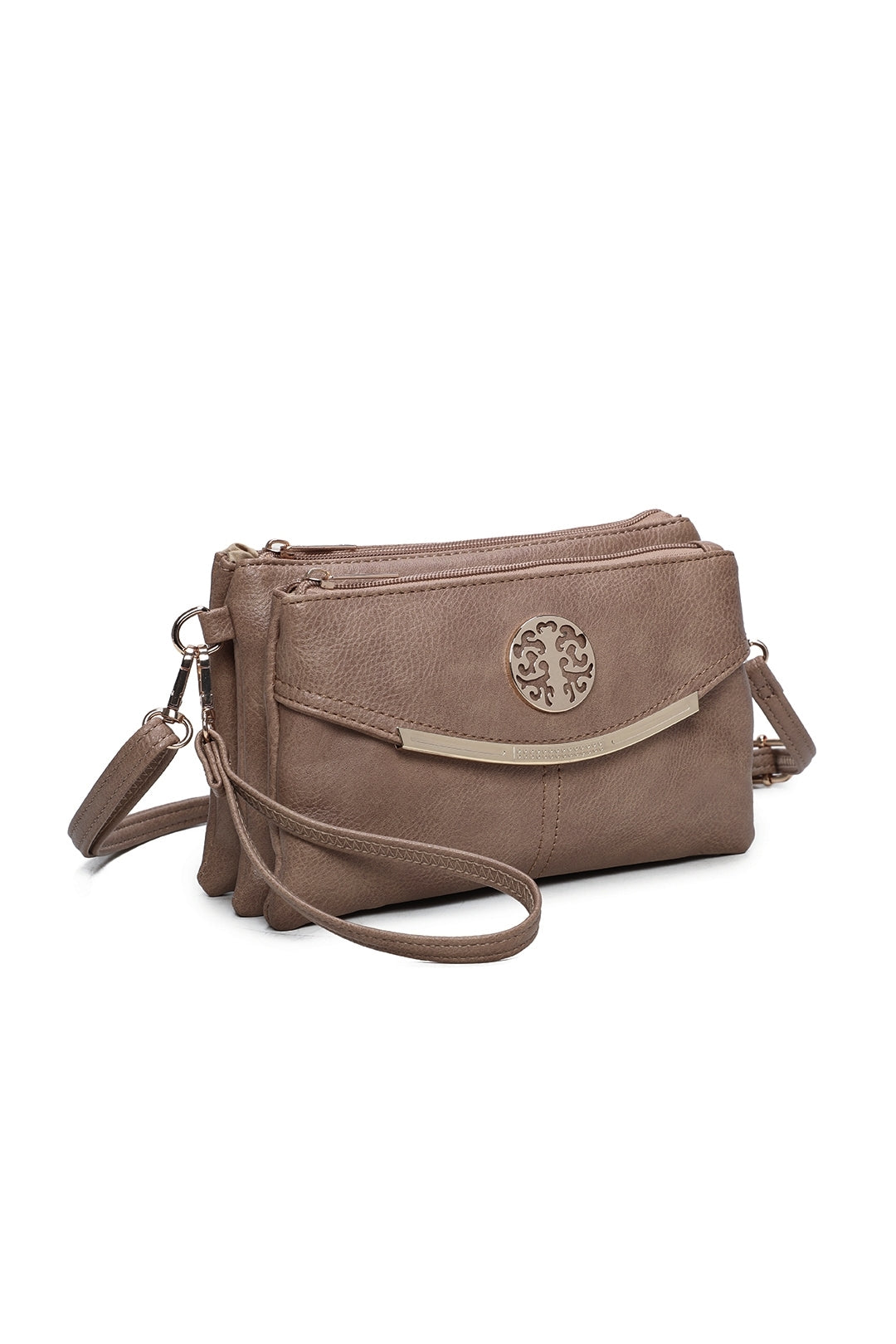 RB15111  Multi Zip Compartments Clutch Bag With Metal Gold Badge