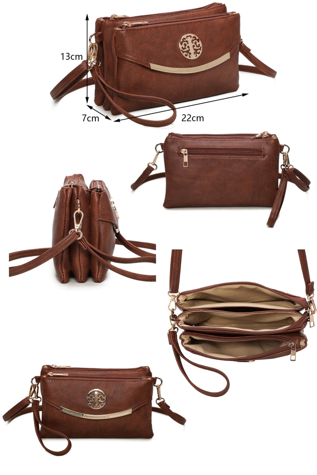 RB15111  Multi Zip Compartments Clutch Bag With Metal Gold Badge