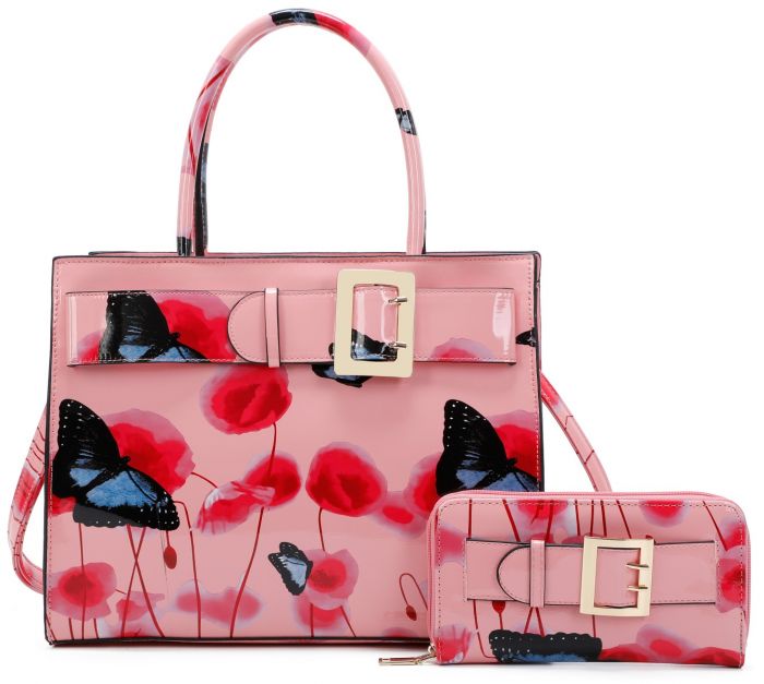 RJ180801-PB  Patent Poppy Flower & Butterfly Print With Belt Detail Top-Handle Bag With Purse Set