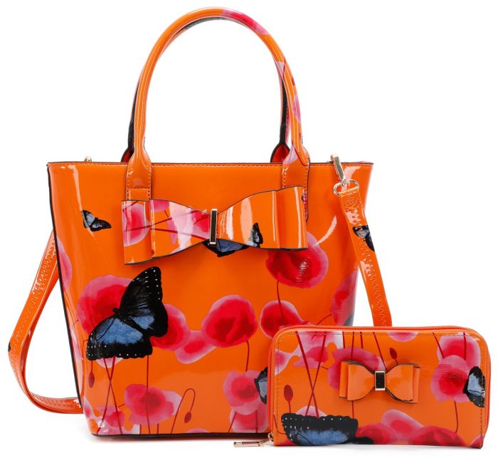 Rj180802-PB 2IN1 Poppy Flower & Butterfly Bucket Shaped Top-Handle Bag With Purse Set