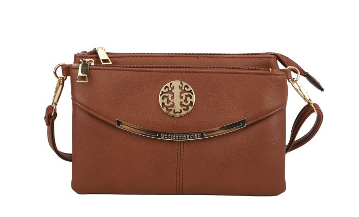 RB15111  Multi Zip Compartments Clutch Bag With Metal Gold Badge
