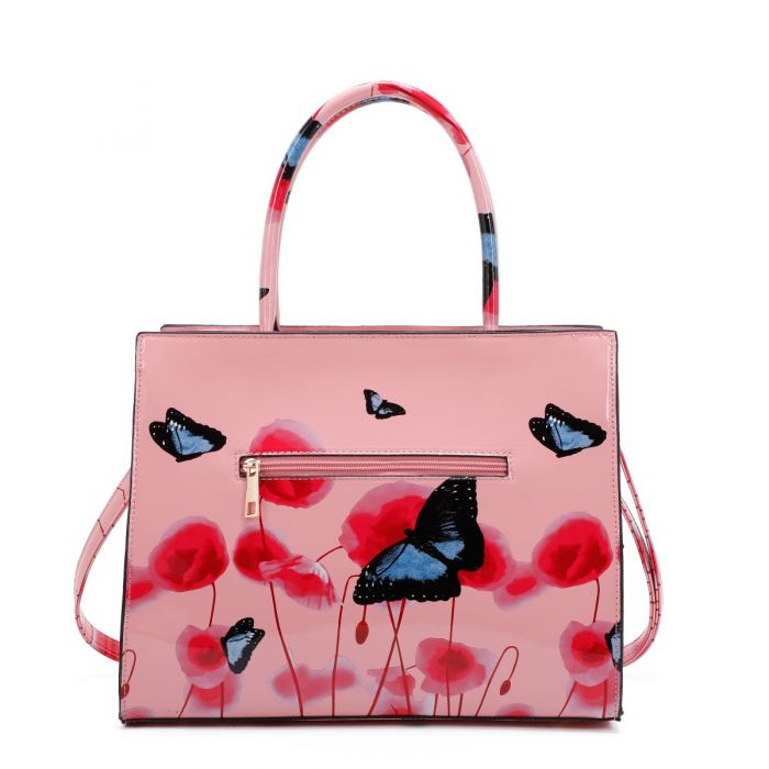 RJ180801-PB  Patent Poppy Flower & Butterfly Print With Belt Detail Top-Handle Bag With Purse Set