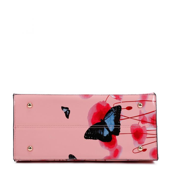 RJ180801-PB  Patent Poppy Flower & Butterfly Print With Belt Detail Top-Handle Bag With Purse Set