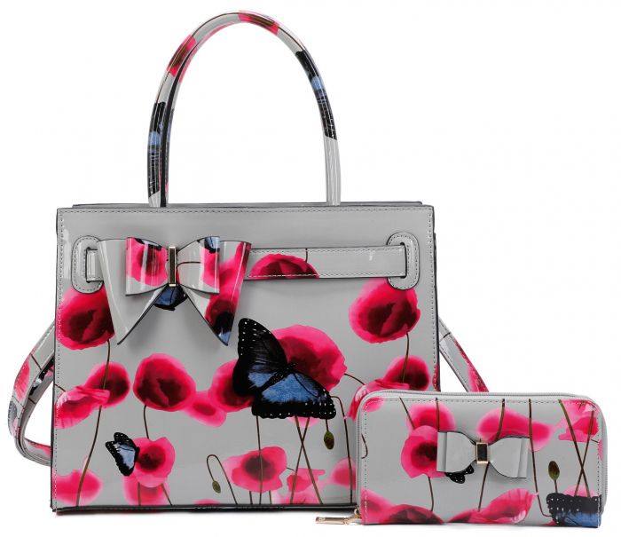RJ211101 POPPY FLOWER & BUTTERFLY PATTERN PRINT BELT TOP HAND BAG WITH PURSE SET