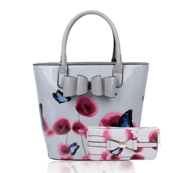 Rj180802-PB 2IN1 Poppy Flower & Butterfly Bucket Shaped Top-Handle Bag With Purse Set