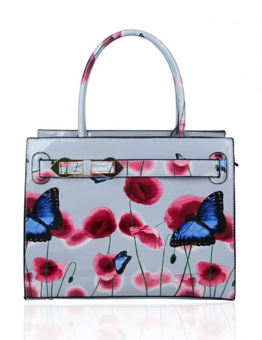 RJ150355-PB  Patent Poppy & Butterfly Patterned Top-Handle Bag With Ribbon Belt Details
