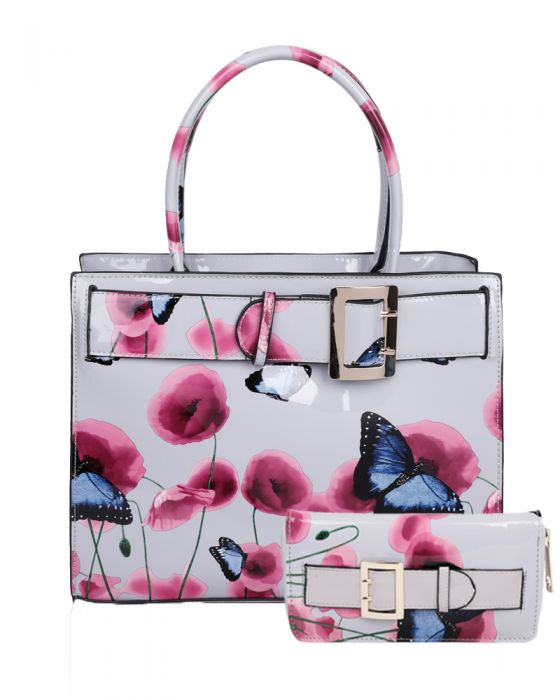 RJ180801-PB  Patent Poppy Flower & Butterfly Print With Belt Detail Top-Handle Bag With Purse Set