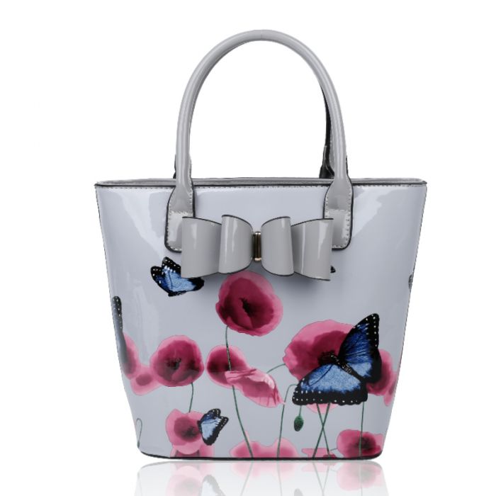 Rj180802-PB 2IN1 Poppy Flower & Butterfly Bucket Shaped Top-Handle Bag With Purse Set