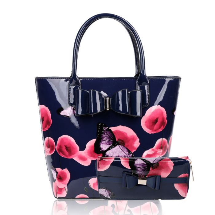 Rj180802-PB 2IN1 Poppy Flower & Butterfly Bucket Shaped Top-Handle Bag With Purse Set